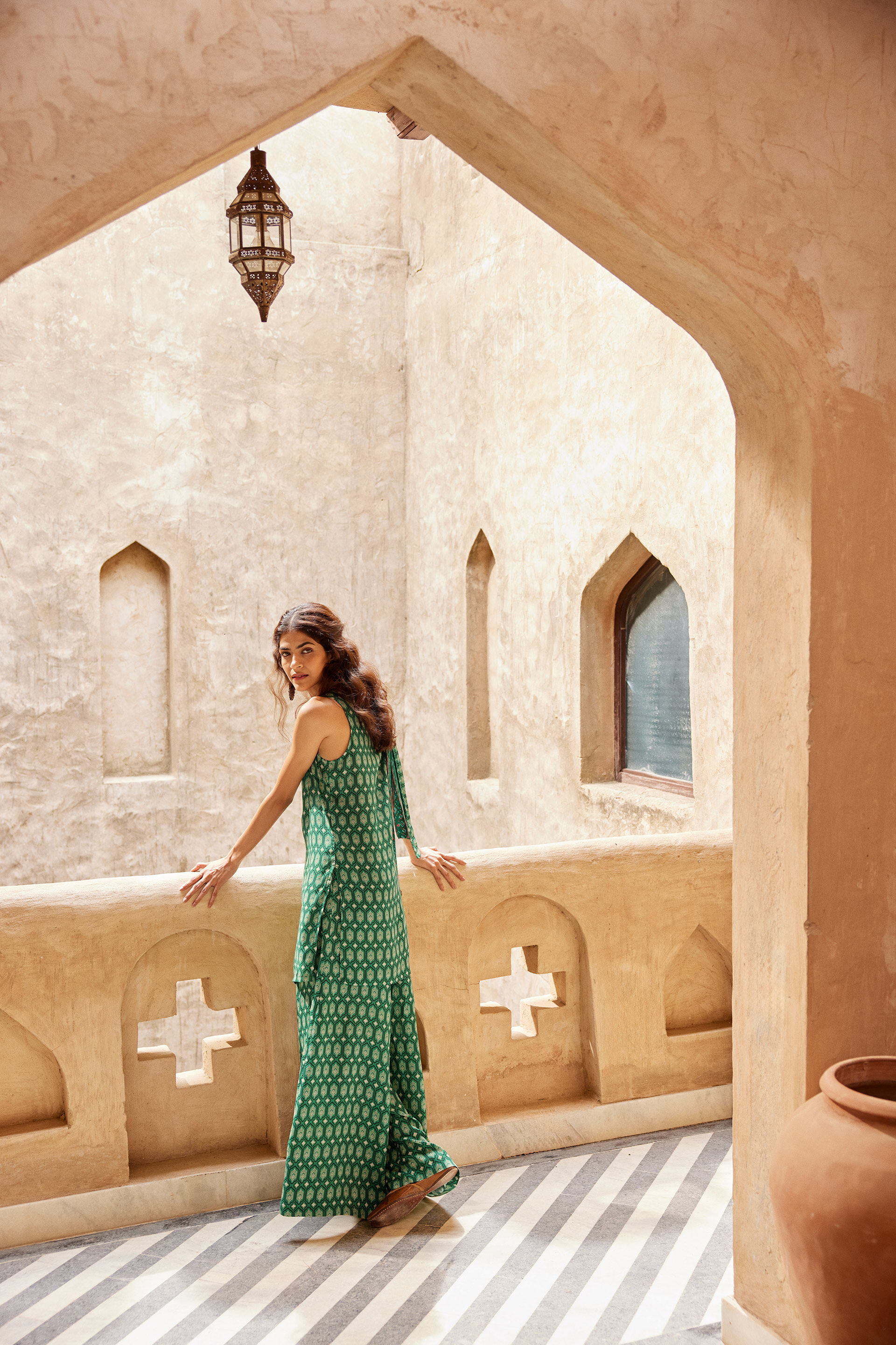 Lattice Inspired Print Viscose Kurta Set, Green, image 3